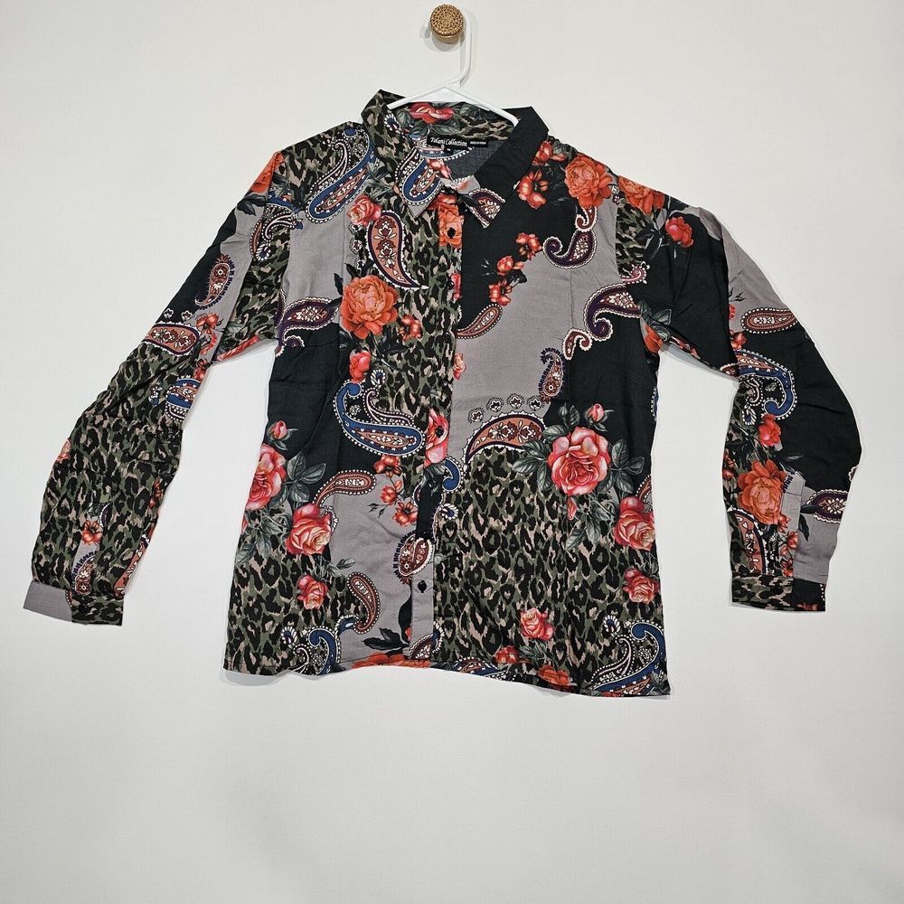 Tolani Collection Button‎ Front Paisley Leopard Floral Printed Top Size Medium